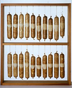 picture of twenty sausage of various sizes hanging in two rows